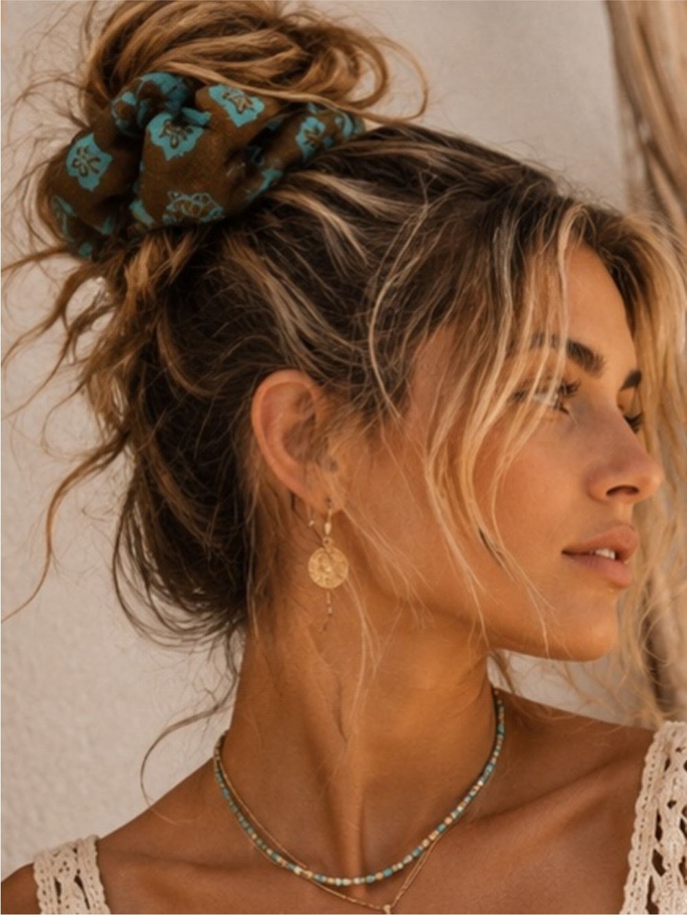 Designer inspired Brown & Teal Patterned Scrunchie Hair Tie